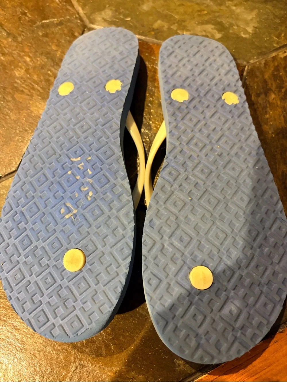 Tory Burch Blue Floral Flip Flops with Cream Straps and Gold Logo